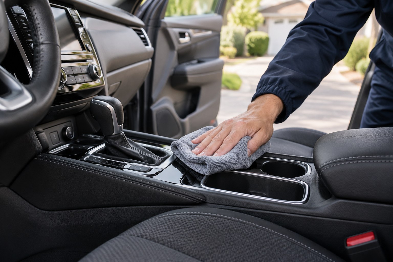 Illustration of careful microfiber cleaning inside a car