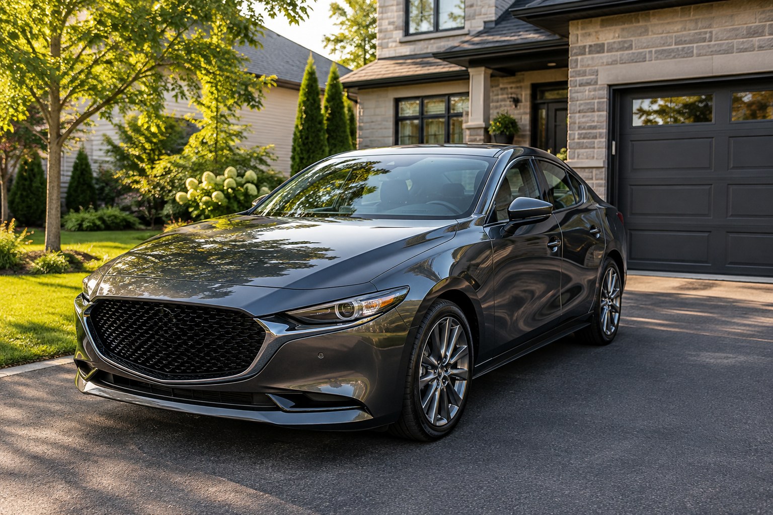 A freshly detailed car gleaming in a residential driveway