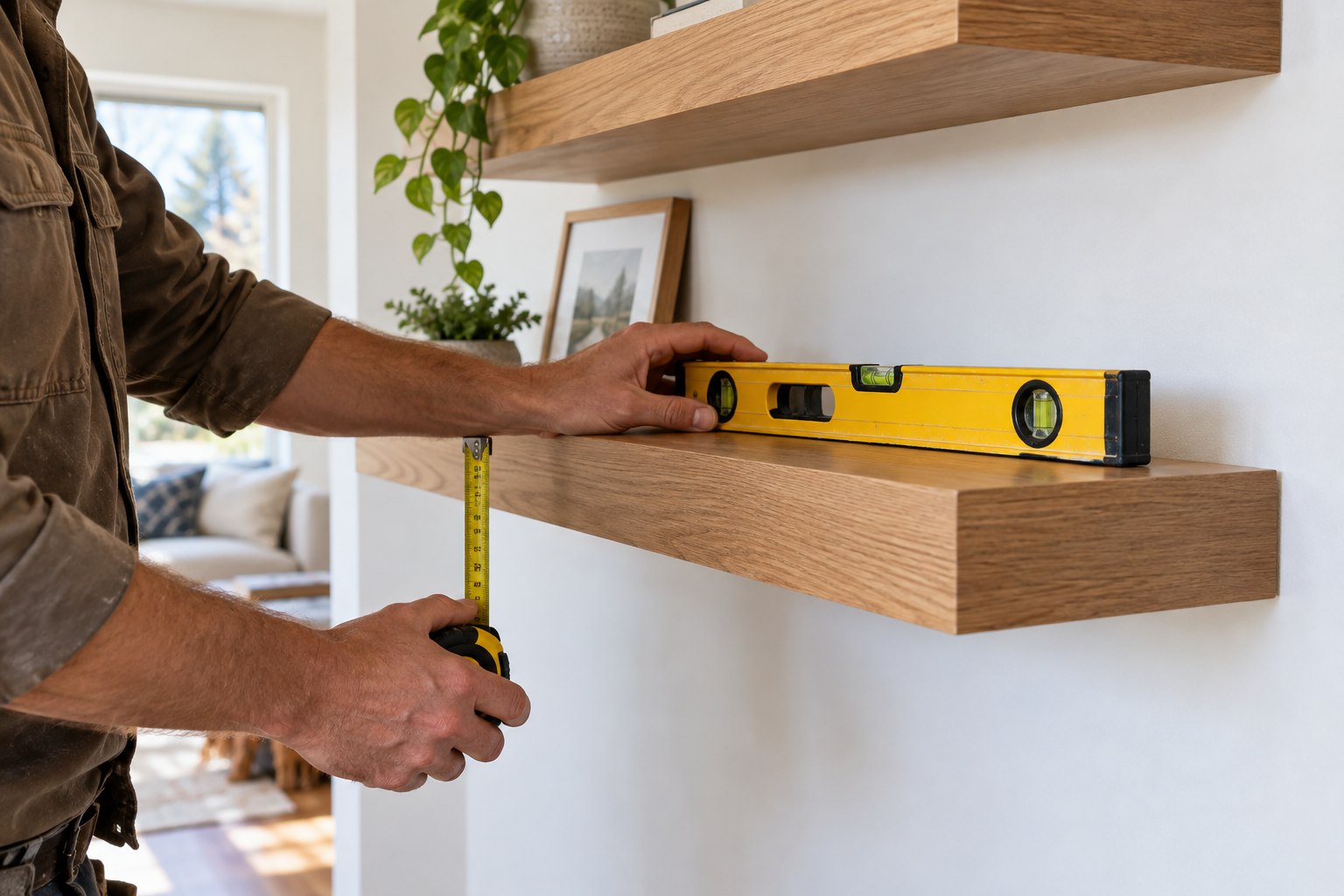 Illustration of a professional checking a wooden shelf with a level